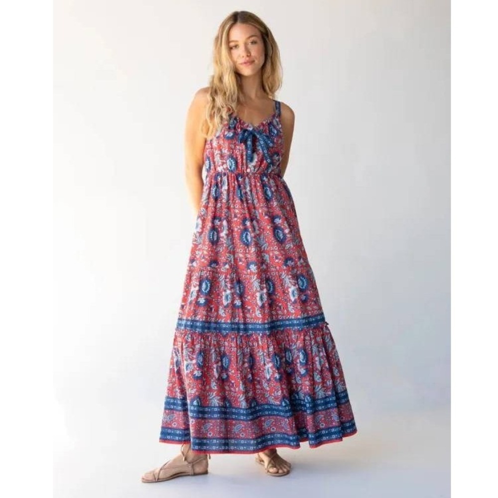 Natural Life Isabella Cotton Maxi Dress Red Blue Floral Boho Cottage Tiered XS